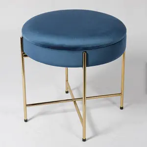 Velvet Round Pink Color Ottoman Tray Customized Metal Leg Stool With Gold Shelves
