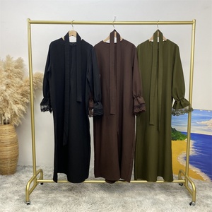 Robe Abaya légère d'été en tissu crêpe bulle avec fermeture éclair avant et manches longues en dentelle florale pour femmes musulmanes 6723 # - Product Image 4