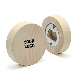 Xdh1982 Ouvre-bouteille rond en bois de hêtre avec aimant pour réfrigérateur, gravure personnalisée du logo, idéal comme souvenir de mariage - Product Image 1