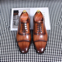 Sepatu Oxford Kulit Patina Lukis Tangan Isirhonour Gaya Italia untuk Pria, Model Quarter Brogue Cap Toe, Cocok untuk Acara Formal dan Pernikahan