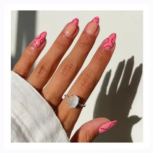 Best Place Buy Clear Almond Pre Painted Baby Pink Fake French Nails Tips Beauty Swirl Lines Strong Waterproof Press on Nails