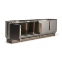 Buffet de luxe sur mesure avec plateau en marbre blanc et finition charbon brillant – Solution de mobilier complète pour villas, manoirs et hôtels
