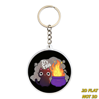 Porte-clés en acrylique It's Fine Cat & Cauldron, chat noir mignon souriant près d'une pot violette en flamme avec fumée, humour amusant et pétillant