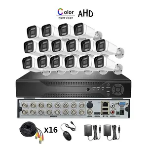 彩色夜视5MP AHD摄像机16CH DVR套件内置麦克风音频记录同轴户外安全远程查看闭路电视系统