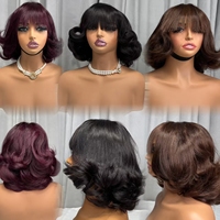 Promotion 42$ Perruques Lace Front en Soie avec Frange, Perruque Bob Vietnamienne SDD 12A en Cheveux Humains Bruts 100% Naturels, Couleur Vif, Perruques avec Fermeture et Frange