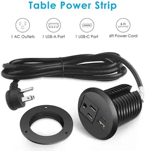 PD18W New Design 2inch Mini Round Grommet US Power Outlet With Fast USB-C Hidden Mounted In Office Desk Home Hotel Table