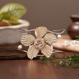<b>Silver</b> Flower <b>Cuff</b> <b>Bracelet</b> With Pearl Accents 316L Stainless Steel PVD Gold Plating Sustainable Design - Product Image 3