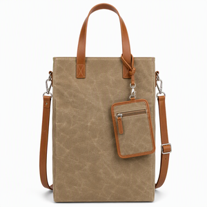 Bolsa Tote Vintage de Lona Encerada com Alças de Couro Crazy Horse, Compartimento para Laptop de 15,<span class=keywords><strong>6</strong></span> Polegadas e Bolso Traseiro Oculto - Product Image 1