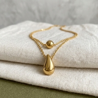 Collier en gros à double chaîne maillons avec pendentif goutte d'eau ronde, collier géométrique minimaliste en acier inoxydable pour femme