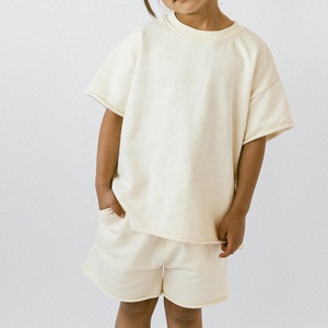Children's Custom Blank Roll-edged Ram Hem Shirt and Shorts Beige Kids Summer Clothing 2 Piece Sets for Girls <strong>Boys</strong> - Product Image 2