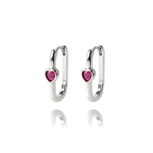 Wholesale red heart gemstone hoop earrings trending jewelry products 2023 new arrivals