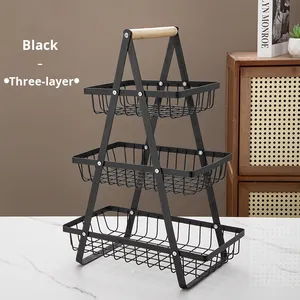 Étagère de rangement de cuisine en fer à 3 niveaux, multifonctionnelle, rectangulaire, avec panier à <span class=keywords><strong>fruits</strong></span> et collations et poignée en bois, pour usage domestique - Vente en gros usine - Product Image 5