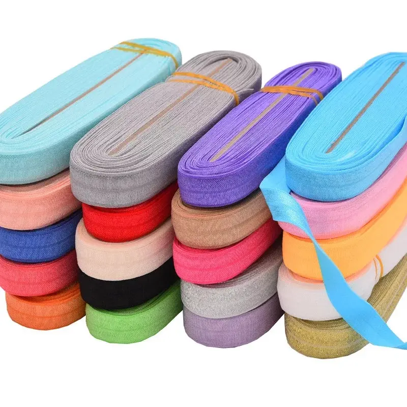 Wholesale Small Package 1.5cm Solid Colorful Shiny Elastic Ribbon Fold Over Elastic Band For Hair Tie Hair Band