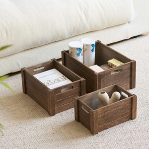 Lot de 3 caisses de rangement rustiques <span class=keywords><strong>en</strong></span> <span class=keywords><strong>bois</strong></span> brûlé, bacs <span class=keywords><strong>en</strong></span> <span class=keywords><strong>bois</strong></span> à lattes emboîtables avec poignées latérales pour jouets, livres, organisateur de maison de style campagnard - Product Image 5