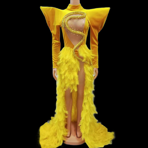 Robe de bal sexy avec épaulette et strass pour fête, tenue de scène, plumes formelles à sequins, robe d'anniversaire, robe de soirée longue sirène pour femmes - Product Image 1