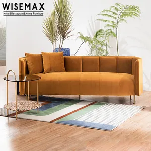 WISEMAX 가구 이탈리아 거실 소파 세트 럭셔리 I 모양의 노란색 벨벳 패브릭 금속 다리 모듈 소파 의자 세트