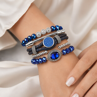 Set Gelang Kulit Tumpuk dengan Kancing Rhinestone Baru 1.8-2cm, Batu Alam, Manik-manik Kaca Kristal, dan Gelang Sekrup Alloy