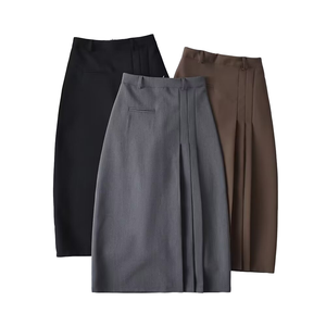 Jupe crayon unie mi-mollet pour femme, style formel de bureau, avec volants et poches, infroissable, taille naturelle, en tissu tissé - Product Image 1