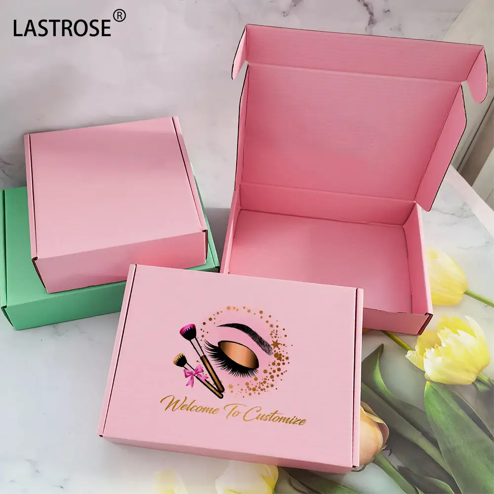 Membuat logo Anda sendiri kotak surat merah muda MOQ rendah kotak pengiriman ramah lingkungan kosmetik kemasan bergelombang kotak surat