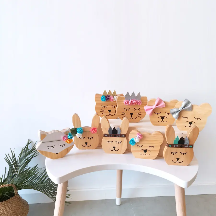 DIY Cute Wooden Fox Bear Rabbit Cat Toys Kids Room Decor Ornaments Nordic Nursery Children Room Photography Props Baby Gift