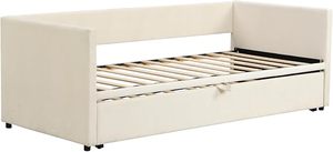 Sofá <span class=keywords><strong>Cama</strong></span> Convertible 3 en 1 Tapizado con <span class=keywords><strong>Cama</strong></span> <span class=keywords><strong>Nido</strong></span> Extraíble, Estructura Moderna con <span class=keywords><strong>Cama</strong></span> Extraíble de Altura Ajustable, Color Crema Beige - Product Image 2