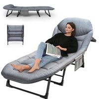 Lit pliant d'intérieur et d'extérieur, chaise longue réglable et rembourrée avec poche latérale de rangement pour la plage et le bureau