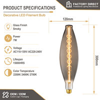 Ampoule LED à filament en verre fumé BT38 7W E26 350LM 2200K, faible MOQ, lampe Edison personnalisée, vente directe d'usine pour café, bar, hôtel