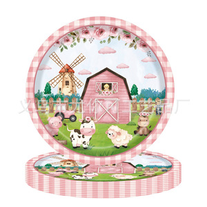 Ensemble de vaisselle jetable sur le thème de la ferme rose, nappes, assiettes, couverts, décorations de dessins animés d'animaux pour la fête d'anniversaire - Product Image 2