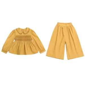 2024 summer new girls suit fashionable lapel girls smocked hand made yellow outfit kids summer suits for girls