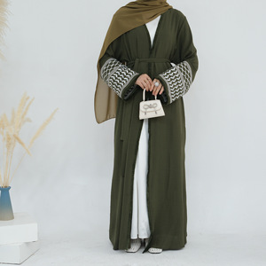 Quimono Abaya Robe de Algodão e Linho Respirável Inspirado no Keffiyeh Palestiniano, Tendência 2024, Cardigã Muçulmano Aberto Bordado - Product Image 5