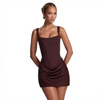 Robe mini moulante drapée noire à col carré et larges bretelles, style corset, pour femme, idéale pour cocktail, marque privée, OEM, collection 2026