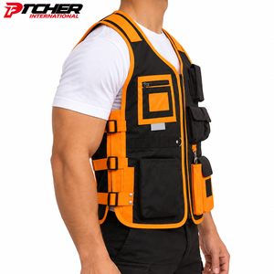 Veste de travail multi-poches personnalisée en gros, noire et orange, robuste, avec fermeture éclair et bretelles réglables pour hommes - Product Image 2
