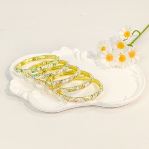 Bracelet jonc articulé à ressort pour femme, motif fleur macaron multicolore, en alliage électroplaqué avec incrustation de turquoise à petits pois, vente en gros - Product Image 2