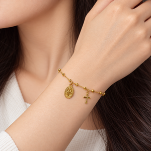 Beaded Chain <b>Cross</b> and Coin Charm <b>Bracelet</b> Stainless Steel 18K Gold Vacuum Plated Gold and <b>Silver</b> Colors - Product Image 5