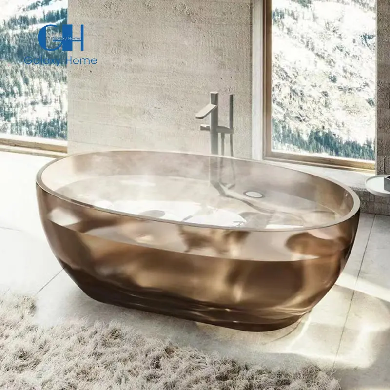 Hotel dipoles batu Oval kontemporer Resin sudut bak mandi Resin seni Modern warna transparan berdiri bebas bak mandi
