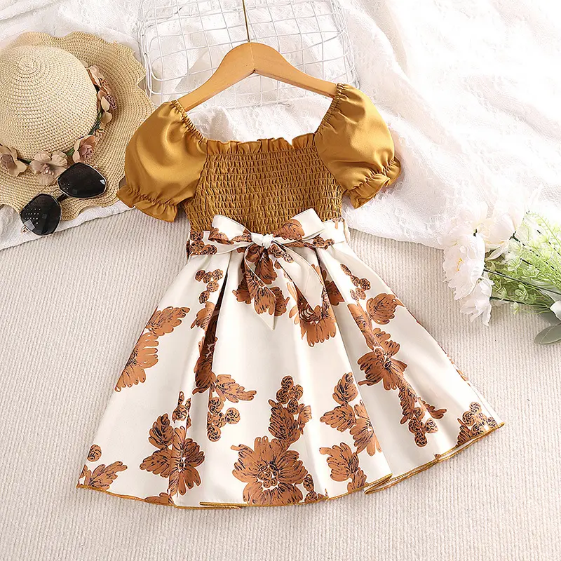 3-7 Years Summer Casual Dress Short Puff Sleeve Square Collar Ruffle Floral Patchwork A Line Princess Girls Flower Girl Dresses