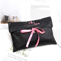 Sac à Perruque en Satin Noir Imprimé Logo Personnalisé avec Nœud, Pochette Anti-poussière pour Extensions de Cheveux et Vêtements