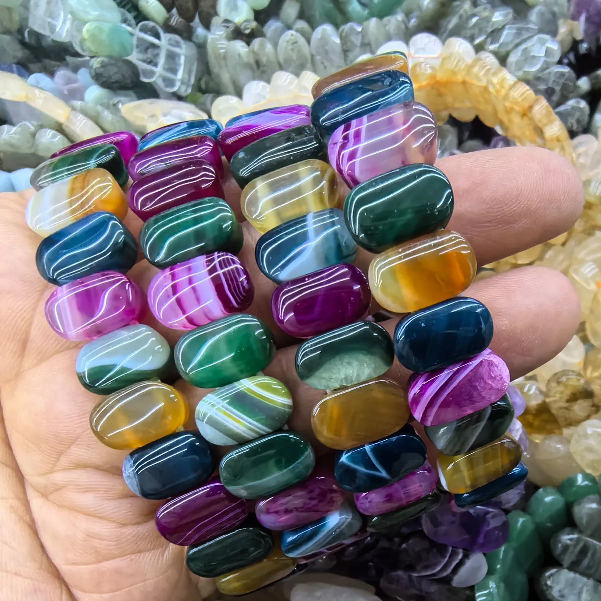 Gelang batu alam manik-manik Oval, perhiasan buatan tangan gelang manik-manik batu akik berwarna elastis