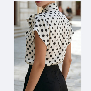 5606 #   Chemisier élégant à pois avec nœud papillon et manches chauve-souris vintage pour <span class=keywords><strong>femme</strong></span> – Haut décontracté intemporel à pois pour le bureau - Product Image 6