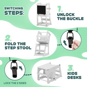 Bambino bianco in legno di apprendimento in piedi torre pieghevole Multi-funzionale bambino torre in piedi con lavagna e rotaie - Product Image 5