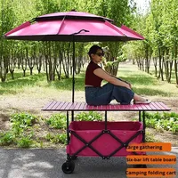 Chariot pliant robuste de 420 L de haute qualité, réglable en hauteur sur 4 positions, avec auvent rose et roues larges, idéal pour le camping et les chariots de vente.