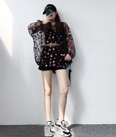 2024 nouvelle mode femmes noir en mousseline de soie Sexy Blouse filles Transparent maille Floral brodé Blouse