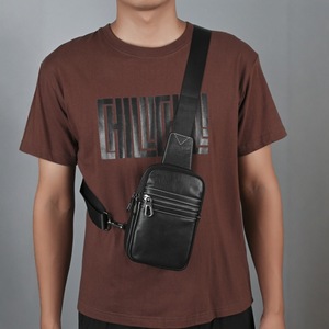 Men's Chest <b>Bag</b> Black Genuine Leather Waterproof Casual Everyday Use Spring 2024 - Product Image 1