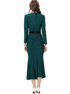 महिलाओं के रनवे मखमली कपड़े जो गर्दन की लंबी आस्तीन को बेडेड सेक्सी कीहोल रूफल्स मर्मेड सुरुचिपूर्ण प्रेम वेस्टिडो पार्टी शाम - Product Image 2