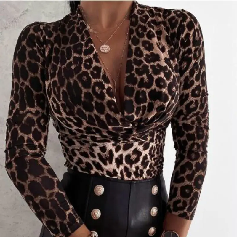 2020 Frauen Sexy Langarm V-Ausschnitt Leoparden muster Damen Shirt Base Bluse Top