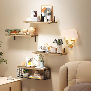 Étagère Flottante Murale en <span class=keywords><strong>Bois</strong></span> avec Panier de Rangement en <span class=keywords><strong>Métal</strong></span>, <span class=keywords><strong>Porte</strong></span>-rouleaux de <span class=keywords><strong>Papier</strong></span> <span class=keywords><strong>Toilette</strong></span> pour Salle de Bain, Chambre et Salon - Product Image 6