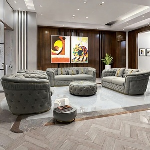 Juego de Sofás Chesterfield de Terciopelo Italiano de Lujo, Color Crema, Directo de Fábrica, para Sala de Estar de Villa, Relleno de Esponja - Product Image 2