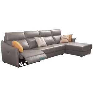 كوتش جلد L شكل Grey الفاخرة كرسي كهربائي 4 مقاعد أثاث طقم أريكة منبسط أريكة لغرفة المعيشة مجموعة