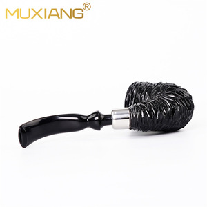 MUXIANG Tobacco Pipe Bent Type Black Engraved Silver Ring Hungarian Big Bend Solid Wood Smoking Pipe - Product Image 3