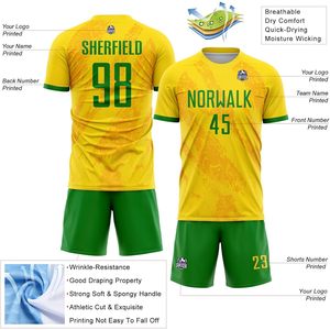 Maillots de football d'été respirants personnalisables pour garçons et enfants, jaunes et verts, à manches courtes, avec short, nom d'équipe personnalisé - Product Image 5